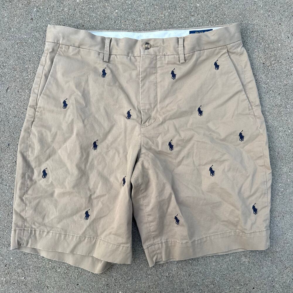 Polo Ralph Lauren Khaki Tan Navy Embroidered Logo Stretch Classic Fit Shorts 33